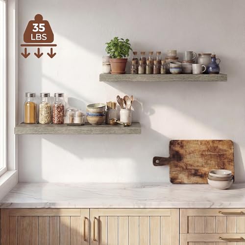 Image of Dreamland 32 Inches Floating Shelves for Wall, 9.3 inch Deep Long Floating Shelves Set of 2, Large Display & Storage Shelf, Wall Shelf for Bathroom Bedroom Living Room Kitchen Office, Grey