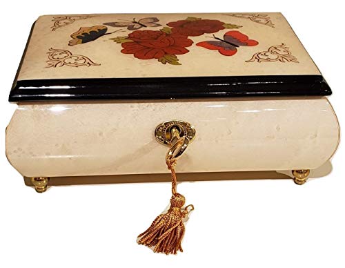 Splendid White Floral Italian Inlaid Music Box With Butterfly Design Handmade In Sorrento Italy With Customizable Tunes #TOP5