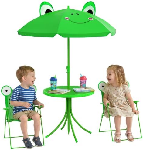 Outsunny Folding Kids Table and Chair Set, Picnic Table with Frog Pattern Removable & Height Adjustable Sun Umbrella for Garden, Backyard, Green