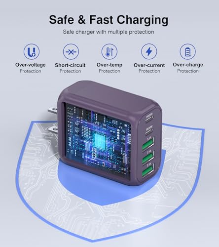 Image of 50W 2-Pack USB C Wall Charger Block, 5-Port C Charger Fast Charging Block PD Power Adapter +QC Multiport Type C Box Brick Cube USB A Wall Plug for iPhone 14 /15 /16 /17 Pro Max,Samsung Galaxy(Purple)