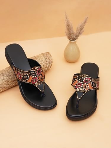 Image of Women's Elevate Comfort Flat Sandals Cushioned Adjustable & Stylish Slip-Resistant Design For Girls /Ladies Black