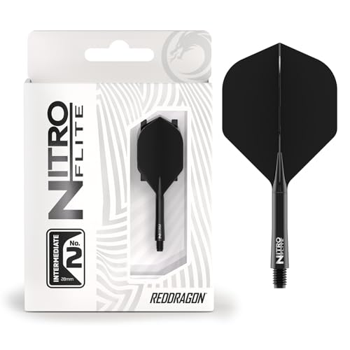 RED DRAGON Darts – Nitro Flite Integriert Flüge & Schäfte System – No.2 Form und Design – Schwarz & Schwarz Farbe, Dazwischenliegend Länge