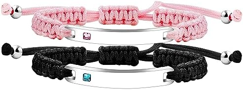 Uloveido His and Her 2pcs Personalized Name Bracelets Set for Couples - Handmade Braided Black Pink String Identity Bracelets for Men and Women Customized for Boyfriend and Girlfriend