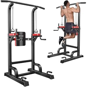 Pull Up Bar Power Tower Dip Station, 450LB Adjustable Home Gym Equipment | 11-height adjustment supports pull ups, dips, knee raises, push ups and versatile full-body strength training
