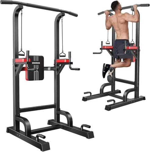 Power Tower Dip Station Pull Up Bar for Fitness Home Gym Workout,Multi-Function Adjustable Height Fitness Strength Training Exercise Equipment,with Power Elastic Ropes