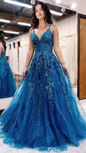 Pairuodas Tulle Lace Appliques Prom Dresses Long Spaghetti Straps A-Line Ball Gown V Neck Formal Evening Party Dress, Teal, 16 Plus - 4