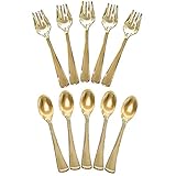 Upper Midland Products Disposable Plastic Gold Serving Utensils - Set of 5, 9 Inch Serving Spoons and 5, 9 Inch Serving forks Silverware - Perfect For weddings or elegant Parties