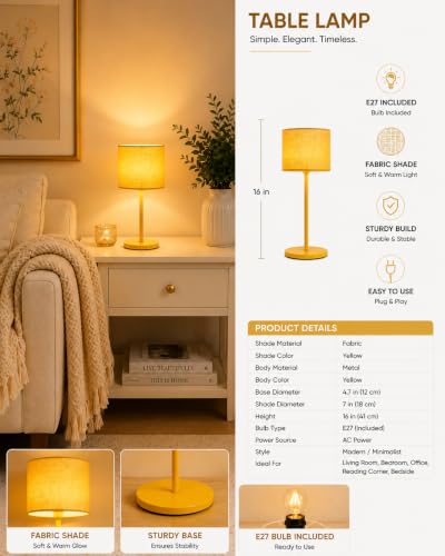 Image of THE GRANDEUR Table Lamp for Bedroom, 41 cm, Yellow, Metal Base | Decorative
