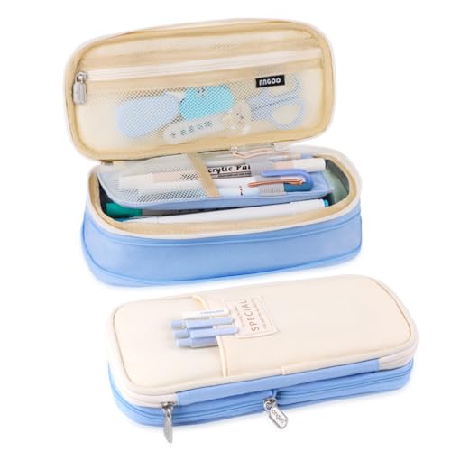 iSuperb Estojo de lápis dobrável com zíper de lona estética de grande capacidade compartimentos organizadores de papelaria bolsa de canetas para crianças, meninas, meninos, adolescentes, crianças,