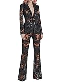 platlogy Women's Designer Runway Fashion Suit Set Single Button Guipure Lace Blazer Pencil Pants Suit 2pcs for Party Wedding Black