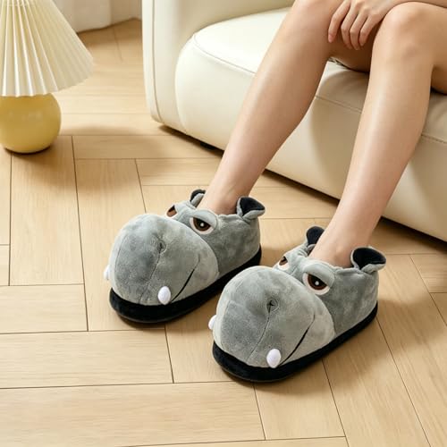 Image of Fluffy Hippo & Elephant Slippers - Oversized Warm House Slippers for Adults | Non-Slip Soft-Sole Indoor Slippers