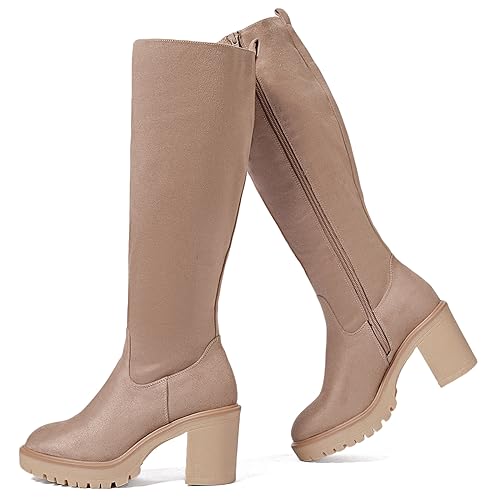 Ruiee Women's Extra Wide Calf Knee High Boots True Wide Width Platform Chunky Heeled Gogo Boots Rounded Toe Block Heel Tall Boot for Women. 7 X-Wide Taupe Pu 369