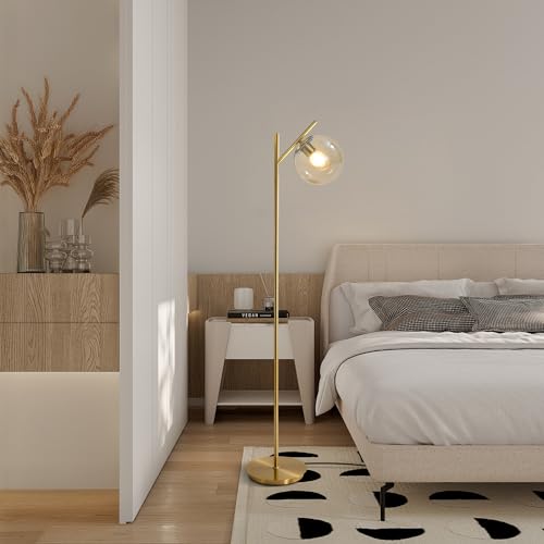 Image of Mid Century Modern Floor Lamp for Living Room Retro Vintage Brass Standing Light Industrial Cognac Glass Globe Floor Freestanding Lamp for Office Hotel Bedroom