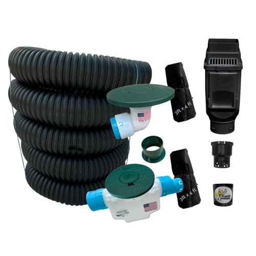 French Drain Man Downspout Extensions Kit (with Basin) Rain Gutter Downspout Extension - Includes Drainage Pipe Gutter Adapter & Cleanout Pop Up Emitter Basin (3 x 4 Gutters Black Cleanout)