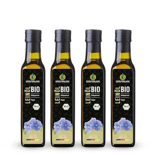 Kräuterland Bio Leinöl 4X250ml (1Liter), bio Leinsamen, kaltgepresst, mild und nussig, reich an Lignane und Omega 3-6-9 Fettsäuren, naturrein ohne Zusatzstoffe, glasflasche, mühlenfrisch