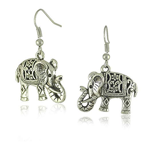 D.Rosse Handmade Boho Retro Lucky Elephants Drop Dangle Earrings Ancient Silver Animals Statement Earrings Jewelry for Women (Silver)