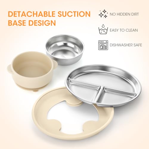 Aieve Stainless Steel Kids Plates and Bowls with Suction,4 Pcs Kids Dinnerware Set Including Spoon,Fork,Divided Toddler Suction Plates and Suction Bowls