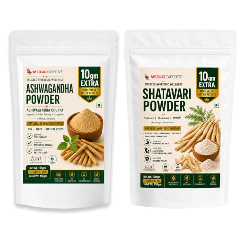 Image of Ashwagandha Shatavari Powder Combo (110g x 2 Pouches) - 110g Each | Big, Thick, Mature Root Churna | Pure & Natural Ayurvedic Herbs | FSSAI Licensed, Lab Tested