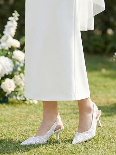 Image of Slingback Wedding Heels for Women Bridal Lace Mesh Kitten Heel Closed Pointed Toe Pearl Pumps Shoes