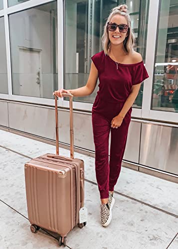 Image of PRETTYGARDEN Jumpsuits for Women Summer Off Shoulder Romper | Short Sleeve Drawstring Waist, Jogger Jumpers with Pockets, One Piece Spring Break Outfits, Vacation Travel Lounge Clothes