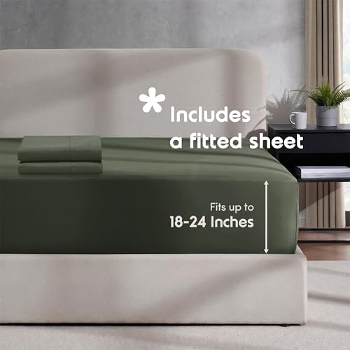 Image of Hearth & Harbor Olive Green Duvet Cover with Fitted Sheet Full Size | 4 Piece Soft Double Brushed Bedding Set, Button Closure, 1 Duvet Cover 80x90 Inches, 1 Fitted Sheet, 2 Pillow Shams