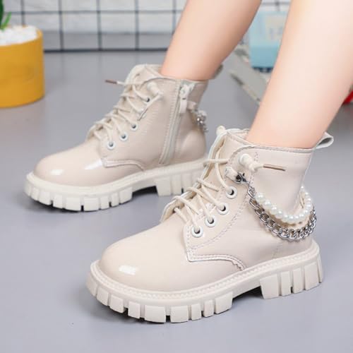 Girls Ankle Boots Solid Lace Up Combat Boot Side Zipper Comfortable Pearl Metal Decoration Non-Slip Short Boots2