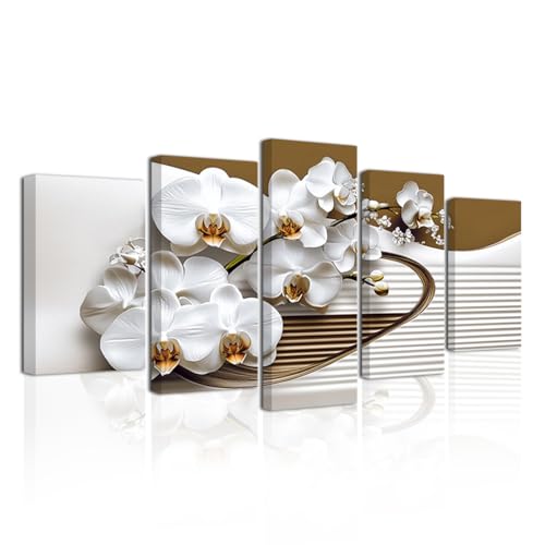 LZIMU Large Flowers Canvas Wall Art 5 Pieces White Orchid Picture Prints Abstract Floral Painting Framed Artwork for Home Bathroom Decor (Grey, 8x14x2 8x18x2 8x22x1)