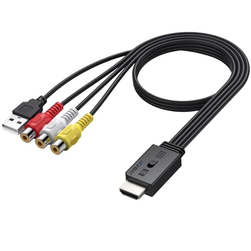 AUTOUTLET Convertidor RCA a HDMI, AV 1080P a HDMI con Cable RCA Hembra 20cm, Adaptador Mini Compuesto CVBS de Audio y Vídeo con Conversión 16:9/4:3 Soporta PAL/NTS para Wii/PS1/PS2/N64/Xbox
