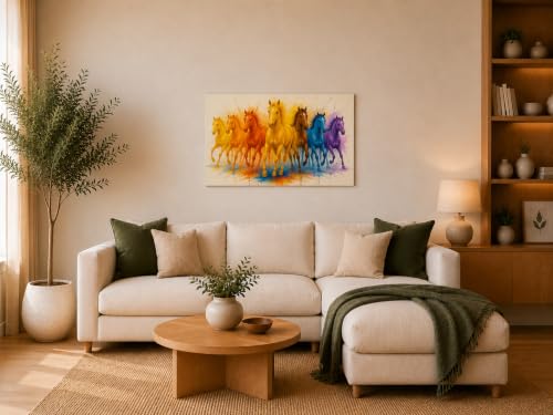 Image of 7 Horse Vastu Sunrise Canvas Painting | Positive Energy Wall Decor | Big Size Premium Running Horses Artwork for Home, Office & Hall Decoration (Modern, Yellow Horse, 26x18 Inch)