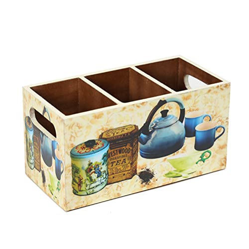 Image of DULI Multipurpose Stand, Cutlery Holder, Spoon Stand, Table Organizer with 2 Sections, Chammach Stand (10cm x 15cm) (3 Section: TeaKettle)