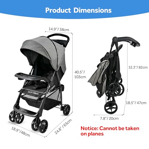 LIVINGbasics Lightweight Baby Stroller, Compact Foldable Stroller with Adjustable Backrest&Footrest for Travel, Gray - Image 3