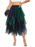 Raincol Tulle Skirts for Women Midi Long Tutu Skirt A-Line Mesh Layered Fairy Trendy High Elastic Waist Halloween Skirts Black Green S