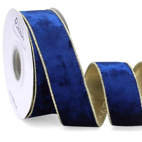 Image of Ribbli Royal Blue Velvet Wired Ribbon 1.5 Inch Metallic Blue Gold Crushed Velvet Christmas Ribbon for Gift Wrapping Christmas Tree Decoration Crafts Wreaths Supplies-Continuous 10 Yards