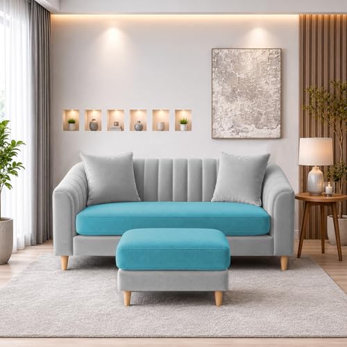 Image of GRAPEWOOD Doraldo 2 Seater Sofa Set with Ottoman for Living Room (Turquise Grey) Premium Fabric Sofa