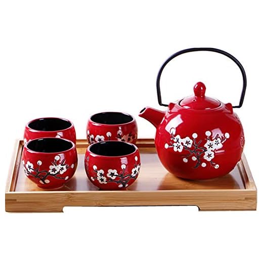 fanquare Japanese Style Porcelain Tea Set,Red Plum Blossom Ceramic Teapot,Tea Cup,Wedding Gift
