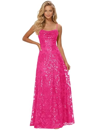 Glynnis Long Sparkly Sequins Lace Prom Dress for Women 2026 Cowl Neck Spaghetti Straps Hot Pink...