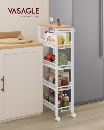 Image of VASAGLE Slim Rolling Cart, 5-Tier Storage Cart, Narrow Cart with Handle, 8.7 Inches Deep, Metal Frame, for Kitchen, Dining Room, Living Room, Home Office, Oak Beige and Classic White ULRC035W09