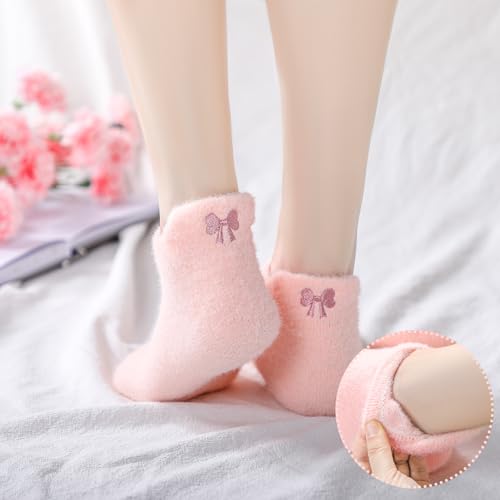 Image of Skicuff 5 Pair Women Bow Fuzzy Socks Coquette Cozy Fluffy Ankle Slipper Socks for Women Girls Gifts(Pink)