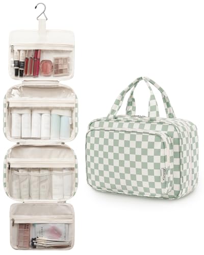Image of Narwey Large Hanging Toiletry Bag Travel Makeup Bag Cosmetic Organizer for Women and Girls, Z-Mint Green Checkerboard, Large