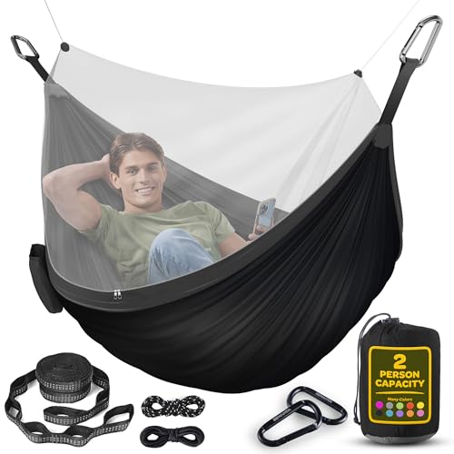 Image of Durable Hammock 500 lb Capacity, Nylon Camping Hammock Chair - Double or Single Sizes w /Tree Straps and Attached Carry Bag - Portable for Travel /Backpacking (Large, Black with Net)