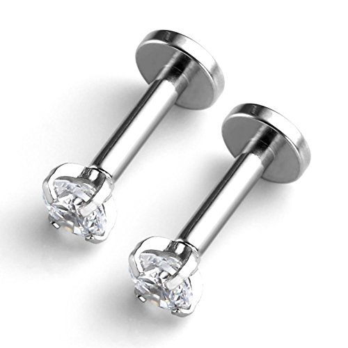 Adecco LLC 2PCS 16g 316L Stainless Steel 2-4mm Cubic Zirconia Labret Monroe Lip Ring/Tragus/Helix Earring,6mm/8mm Bar Length (2mm zircon 6mm bar)