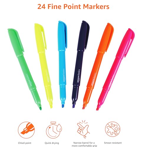 Image of Amazon Basics Chisel Tip Highlighters, Fluorescent Ink, Vibrant Assorted Colors, School Supplies, 24-Pack