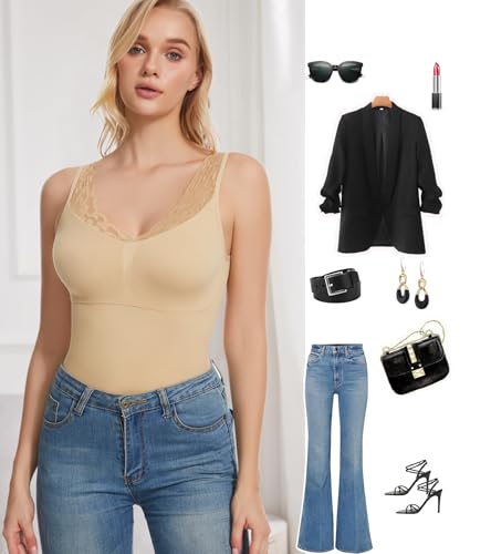 ciksob Shapewear Camisoles Tops With Built in Bra Tummy Control Compression V Neck Tanks Top for Women Slimming Lace Cami Body Shaper Nude M - image 7