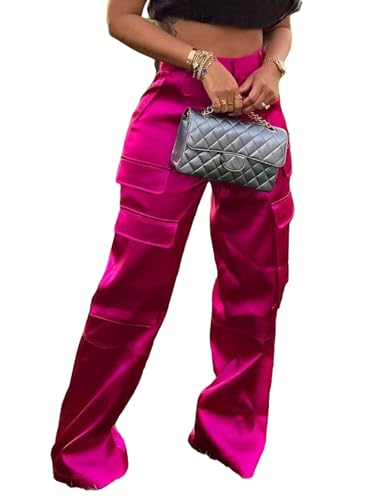 XZLUFNY Cargo Pants Women Baggy Out Going Practial Multipocket Tummy Control Full Length Satin Trouser Rose Red L