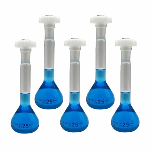 Volumetric Flask 25ml Borosilicate Glass Class A Precision ISO 1042 PTFE 10/19 Stopper 5-Pack