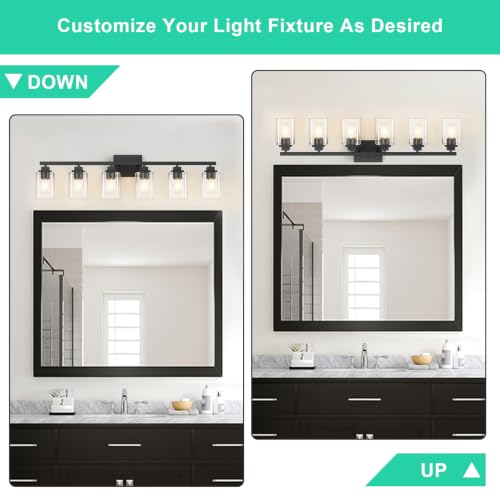 Image of Matte Black Bathroom Light Fixtures, 6-Light Vanity Lights over mirror