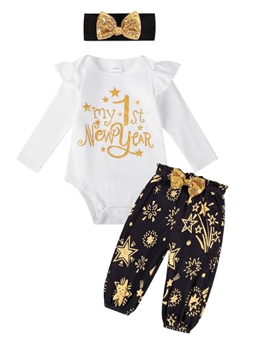 DAKEIK New Years Baby Girl Outfit 0-3 Months My First New Years Baby Girl Outfit 2025 White Ruffle Top Fireworks Star Patterned Pants Hijab 3 Piece Set