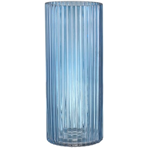 YANWE1 Blue Glass Vase, Glass Flower Vase, Ribbed Glass Vases, Blue Vase, Tall Cylinder Vases for Centerpieces, Living Room, Bedroom, Dining Table, Office, Wedding, Bookshelf Decoration, 12 Inches