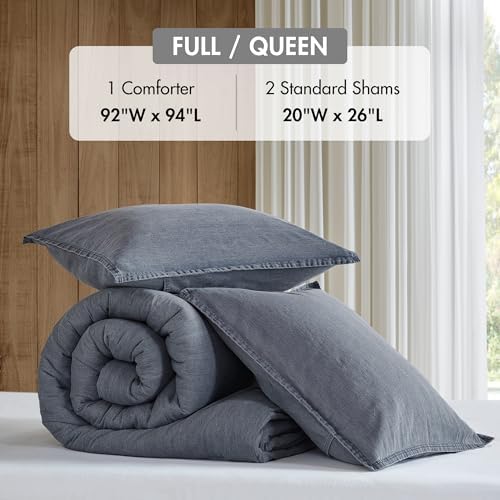 Woolrich Queen Comforter Set Cotton Stone Washed, Oversized Comforters Queen Size Bed, All Season Down Alternative Overfilled Queen Size Comforter, McKenzie, Full/Queen Blue 3 Piece - Thumbnail 4