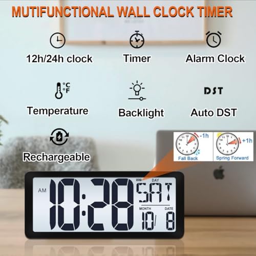 Image of 15 Inch Large Rechargeable Digital LCD Wall Clock with Backlight Glow in the Dark,Night Light Wall Clock with Week,Date & Temperature,DST,Alarm Display for Living Room, Bedroom, Gift for Elderly